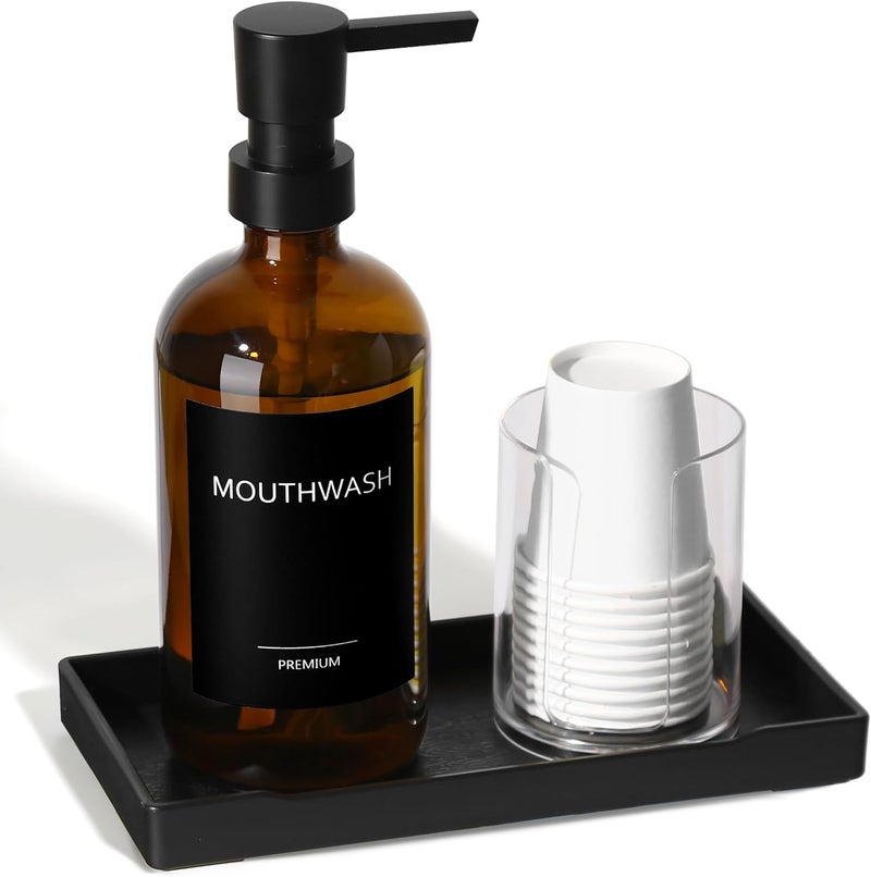 TOLDATLI Mouthwash Dispenser for Bathroom, Glass Mouth Wash Pump Dispenser with Cup Holder, 17 Fl Oz Mouthwash Bottle Decanter with Tray, Refillable Mouthwash Dispenser Container, Stylish (Amber) - Image 1